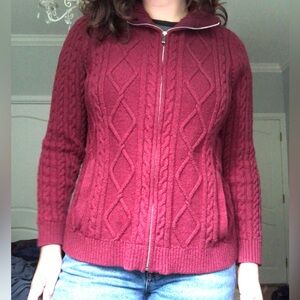 Red, Zip-Up Cable-Knit sweater